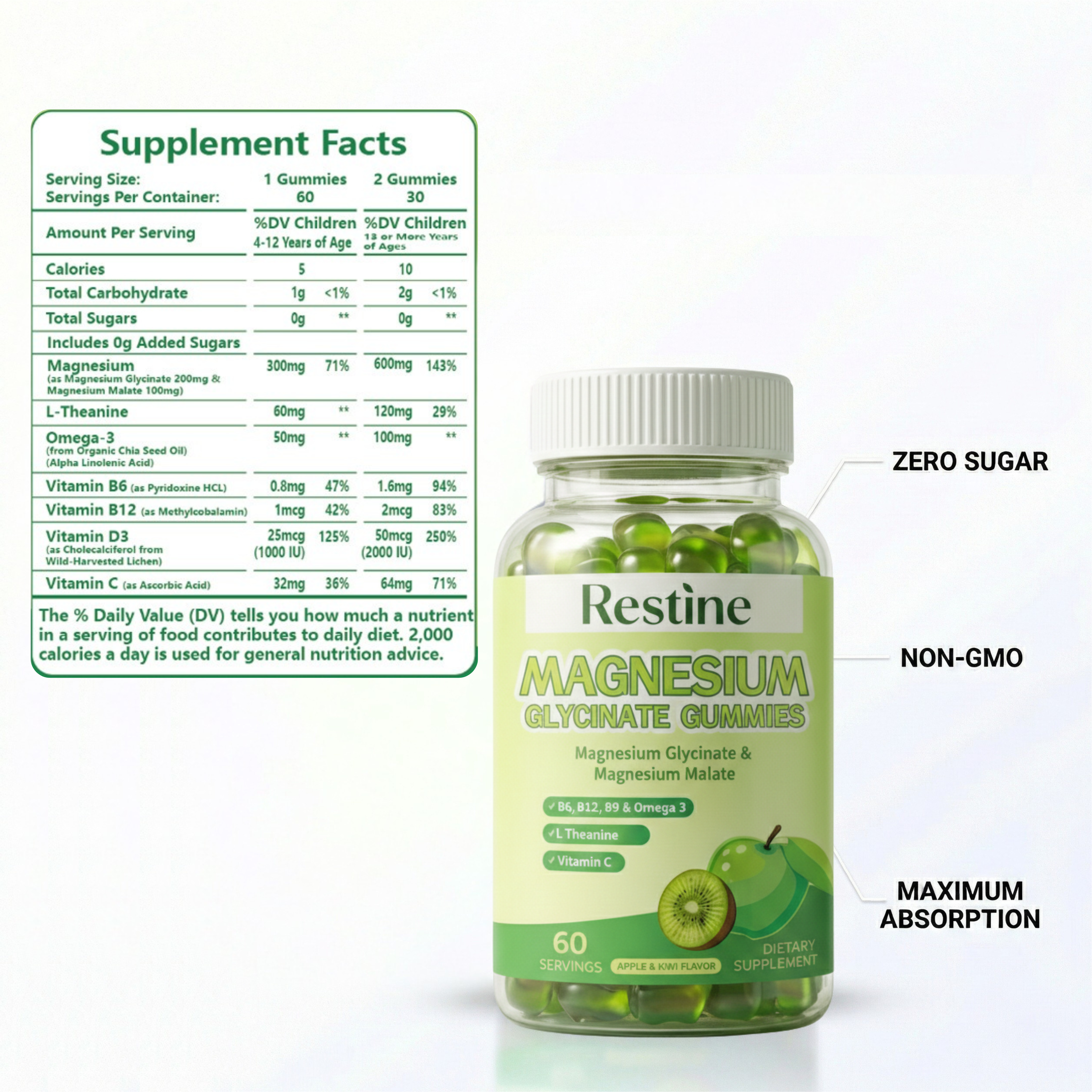 Restine® Ultimate Recovery Gummies (Magnesium Glycinate, L-Theanine & Essential Stress Vitamins)